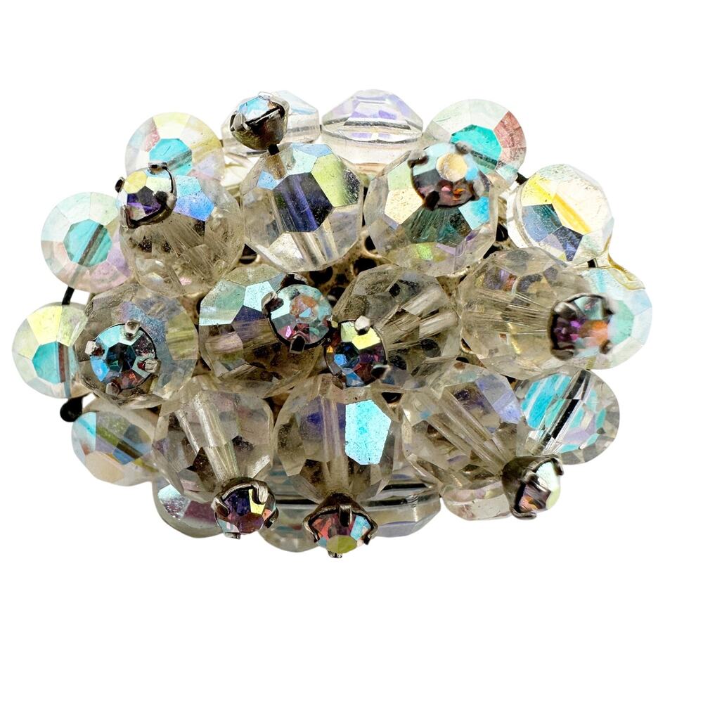 vintage iridescent beads & clear rhinestones BROOCH oval-shaped jewelry pin